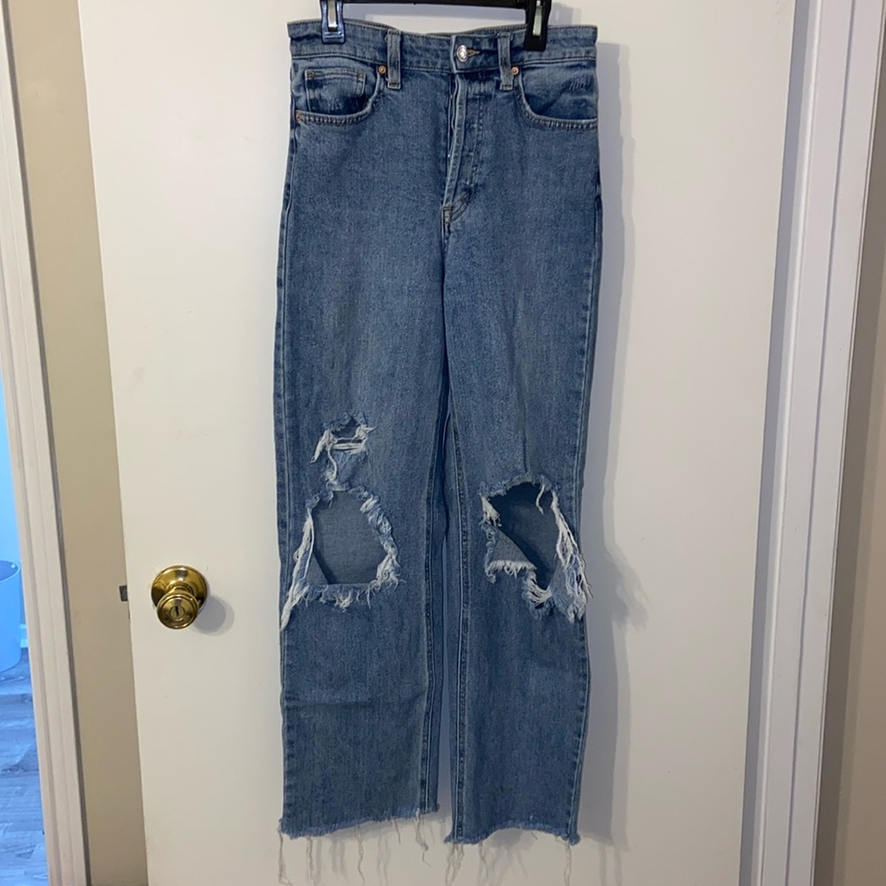 Distressed straight leg jean